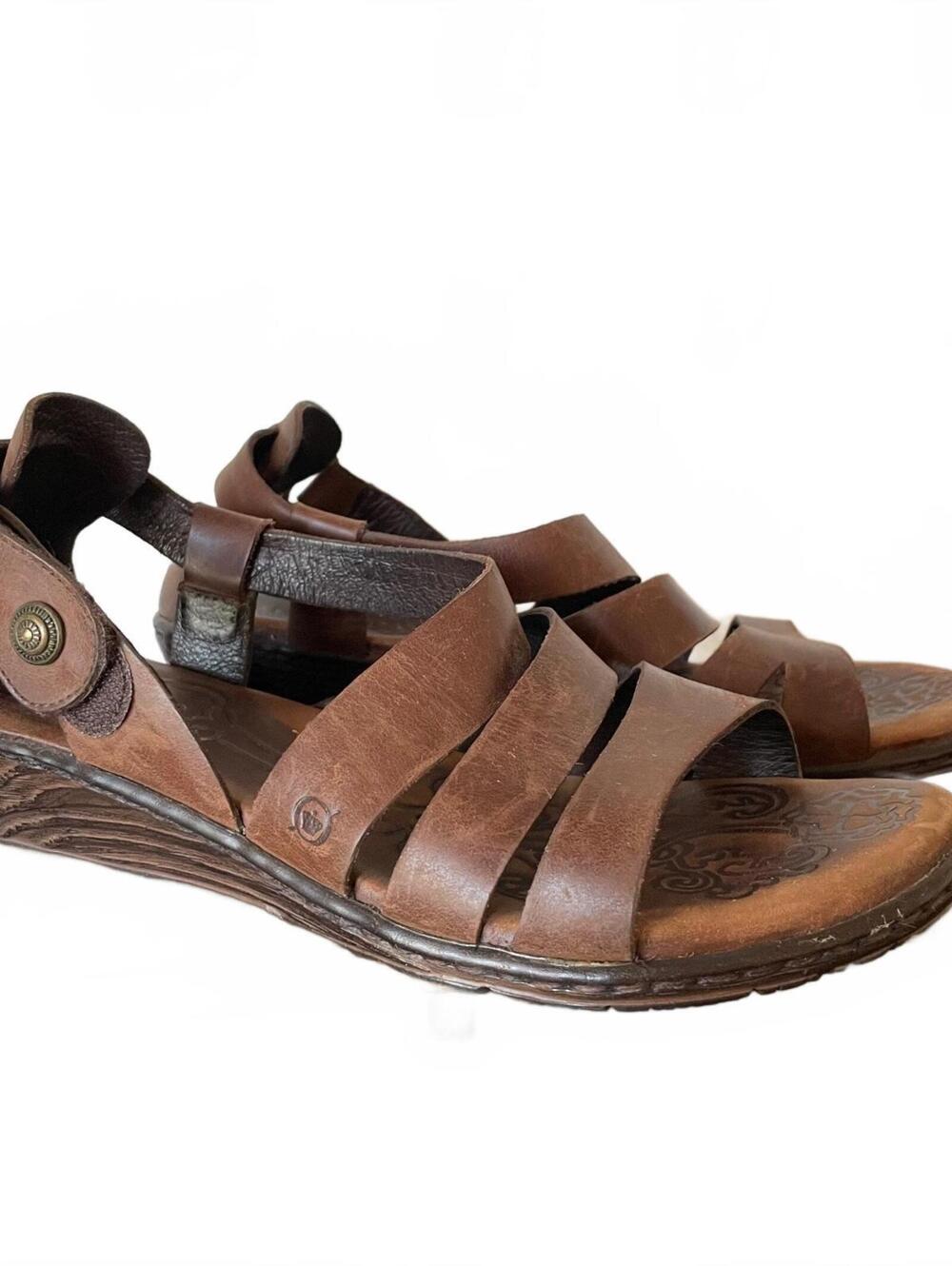 Born Brown Leather Strappy Sandals with Low Wedge Heel